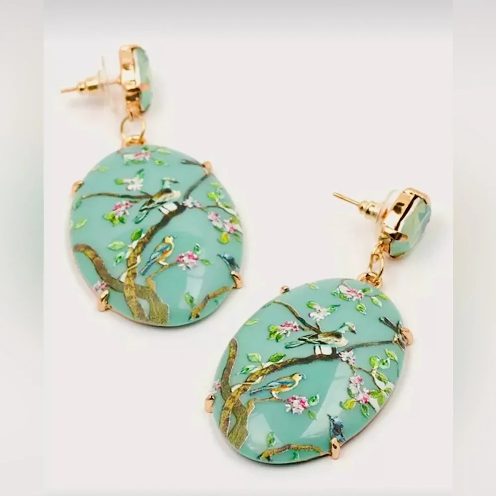 Flower & Bird Texture Geometric Drop Earrings – Green Statement Earrings